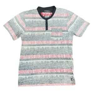 Ecko Unltd Henley Shirt Mens Medium Grey Red Striped Short Sleeve Pocket Street